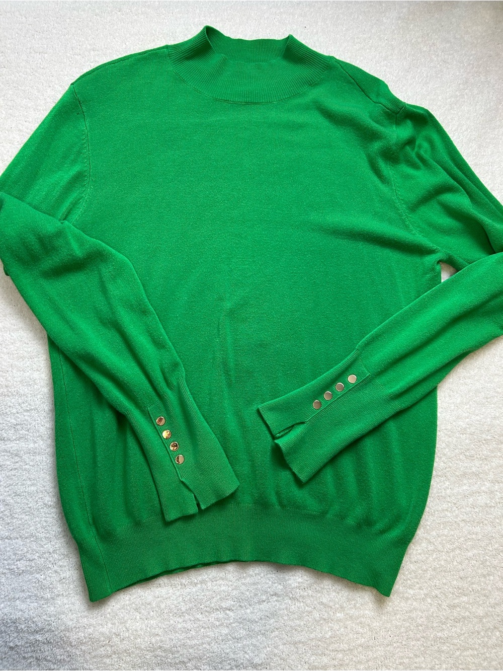 Skies Are Blue Green Mock Neck Sweater Gold Button Cuffs Size Large